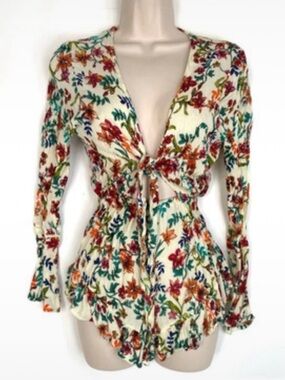 Anthropologie x RAGA Tie-Front Floral Blouse with Multicolor Print